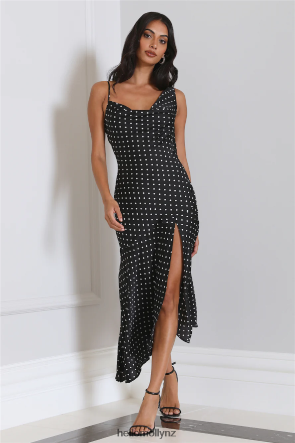 Hello Molly Dotted Moment Satin Polka Dot Midi Dress Black PBN8863896 Clothing